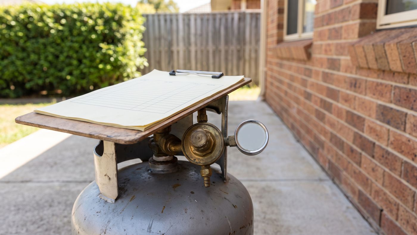 Clipboard resting on an LPG cylinder beside a regulator and pressure gauge outside a house