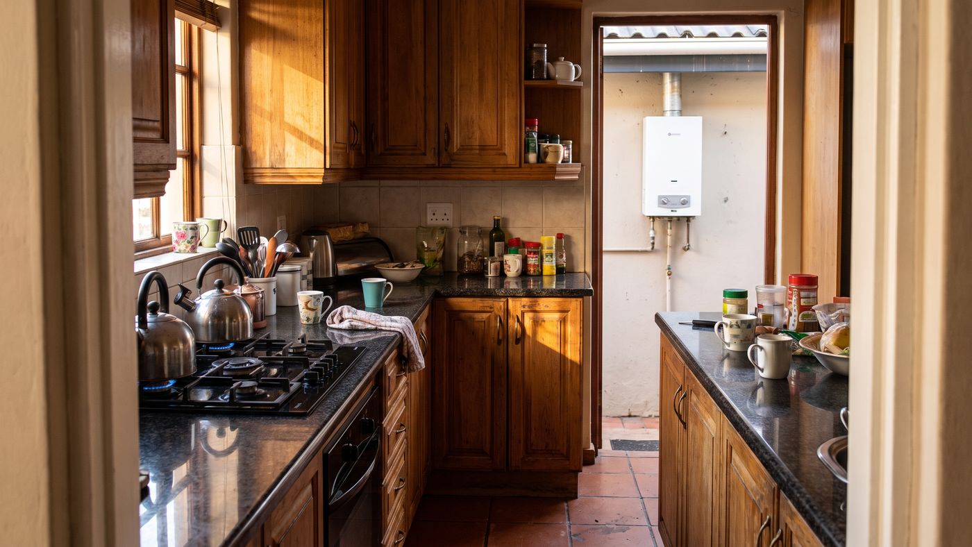 Kitchen with a lit gas hob and a gas water heater on the wall outside the back door