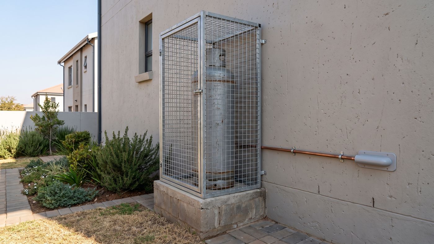 Caged LPG cylinder on a concrete plinth with a copper gas line along a house wall