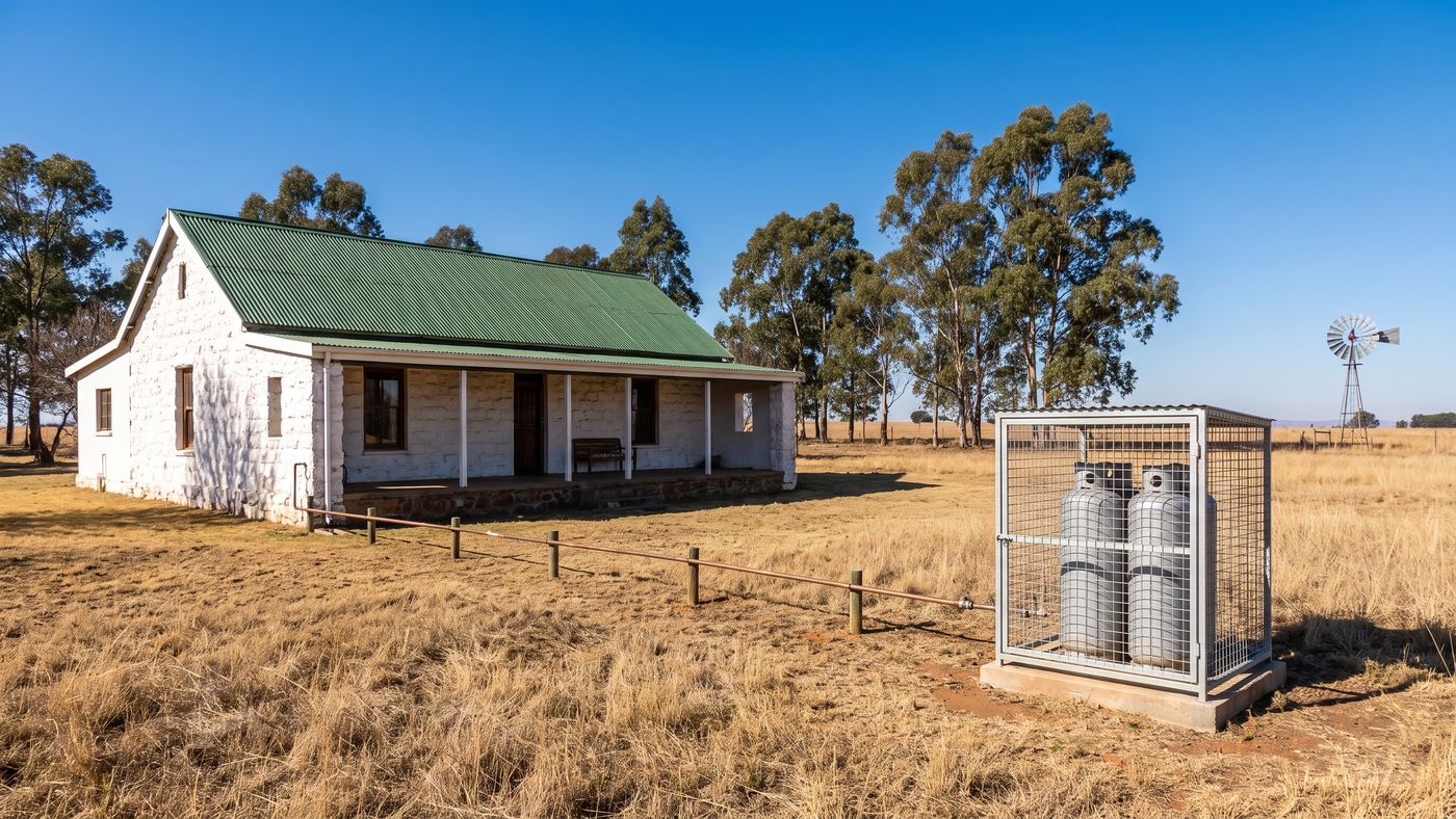 Caged 48 kg gas cylinders on a Highveld smallholding with a gas line to the house