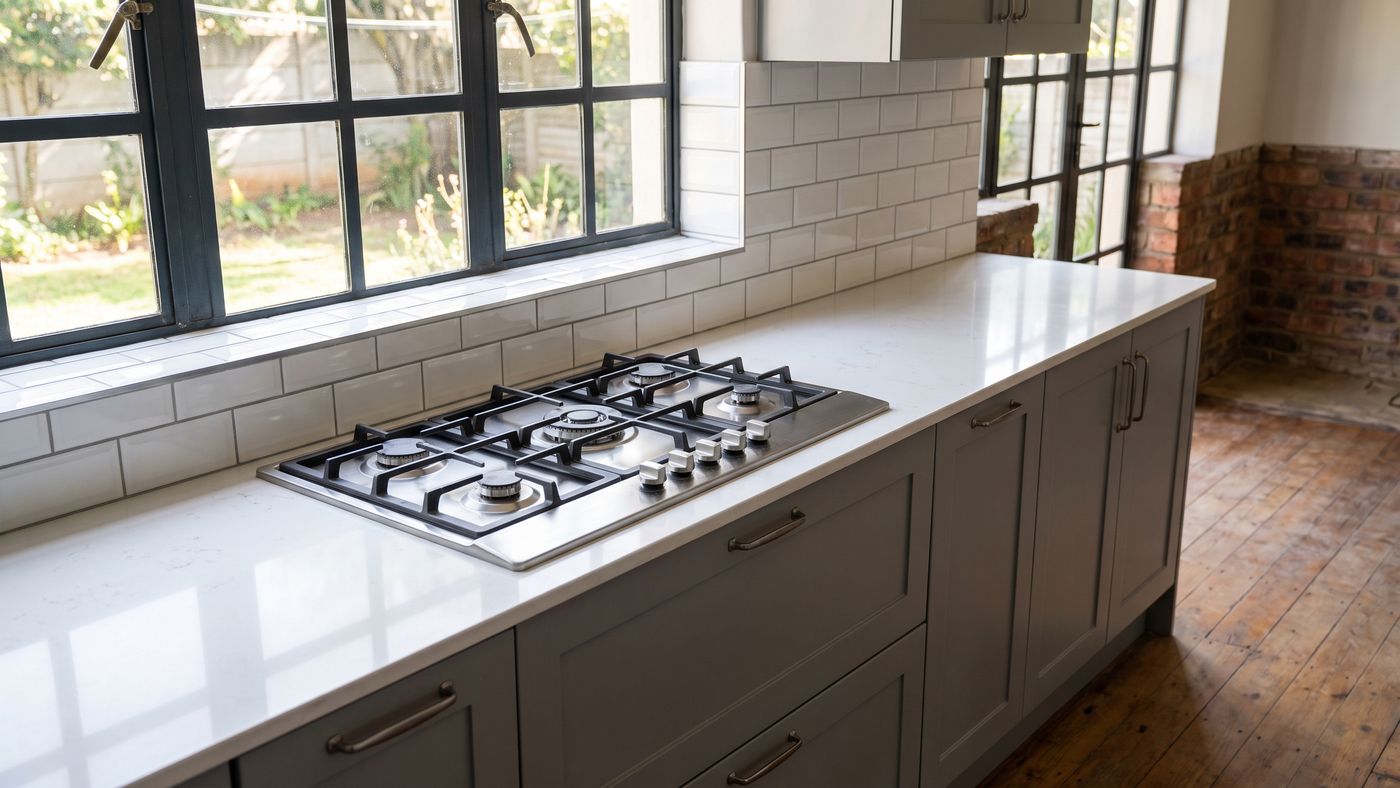 New gas hob set into a quartz counter in a renovated kitchen